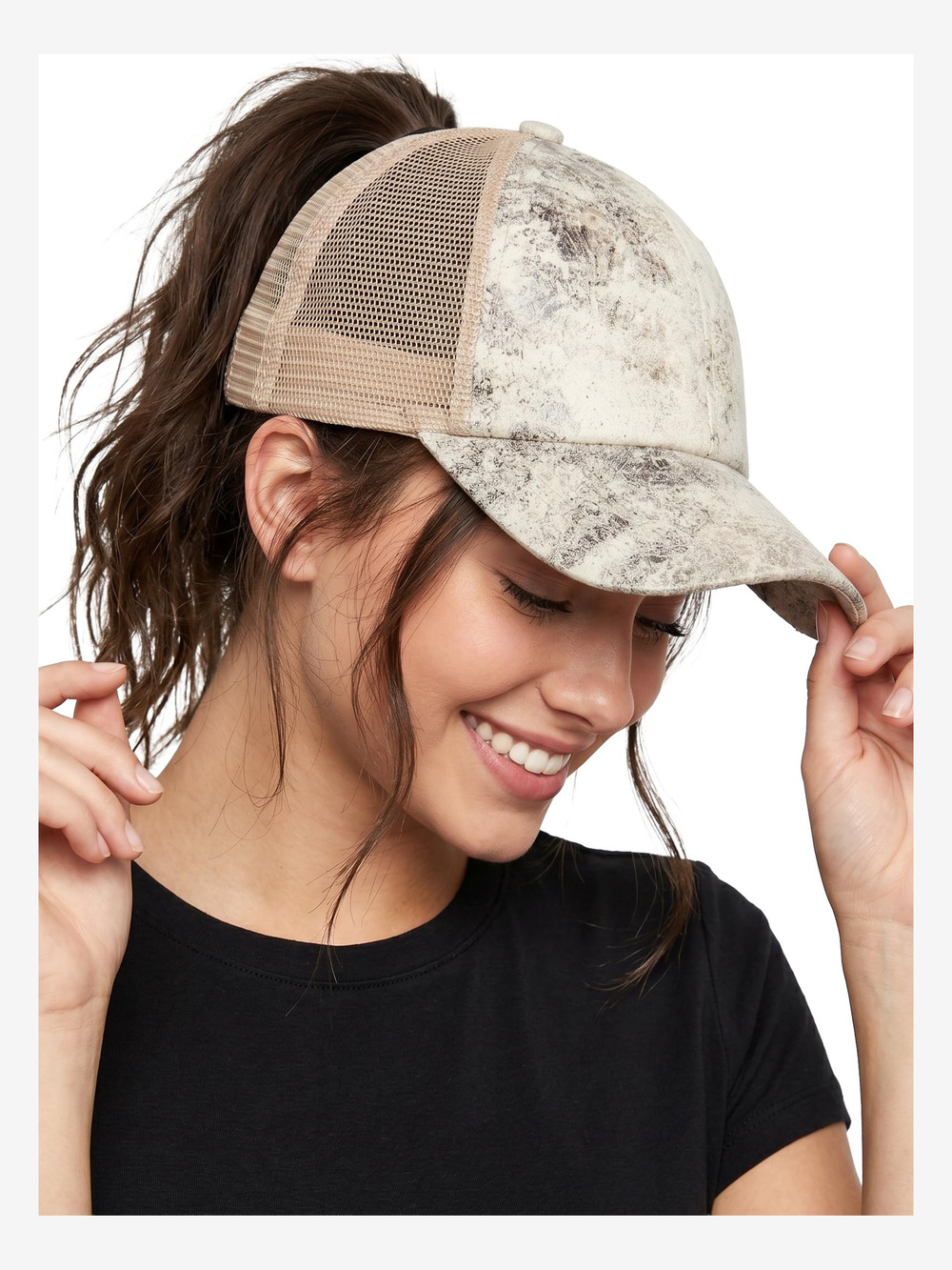 Criss Cross Ponytail Cap, Messy Bun | Faux Leather Snakeskin, Beige | Size OS